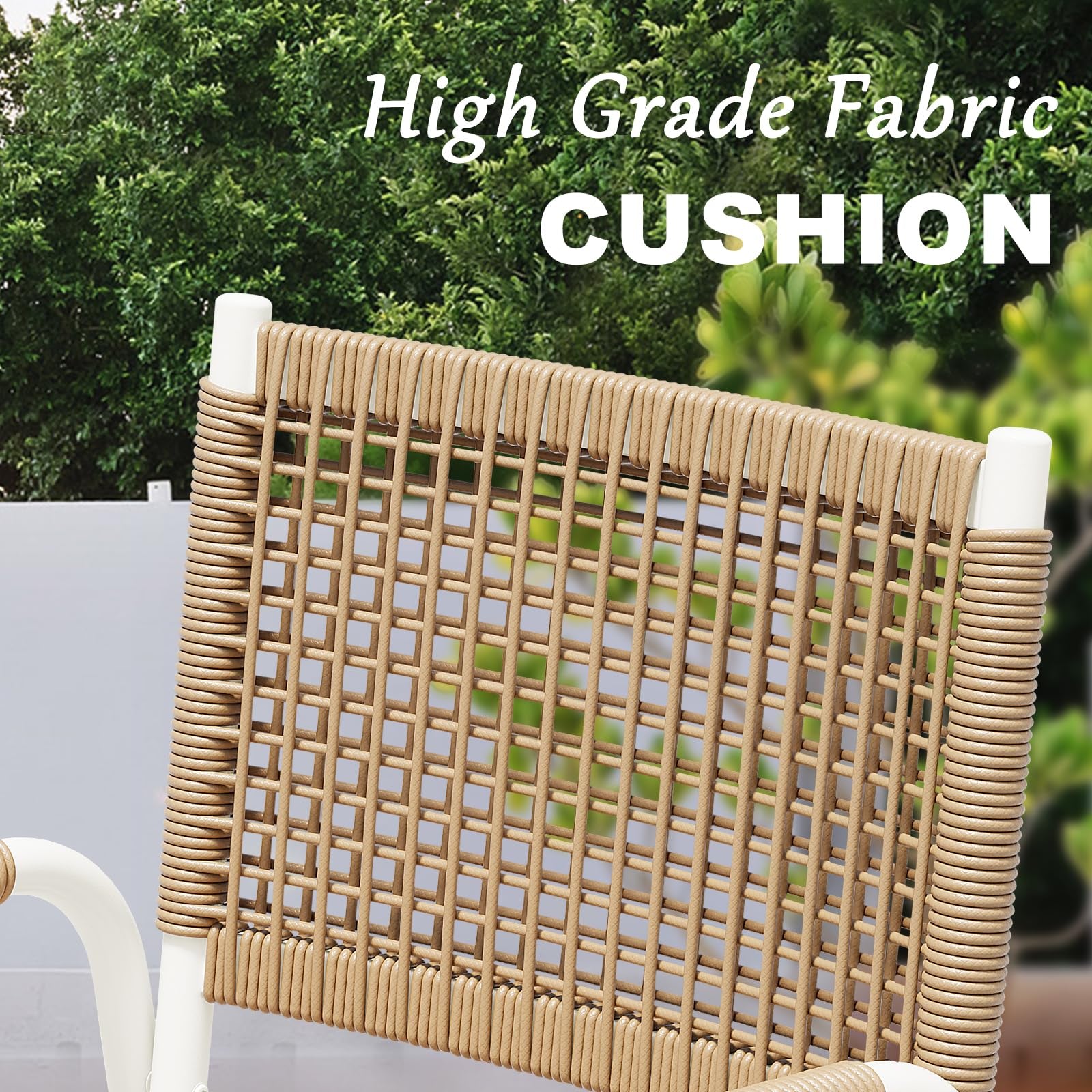 Garvee 2-Piece Stackable Rattan Patio Dining Chairs, All-Weather Outdoor Armchairs with Cushions, White & Brown