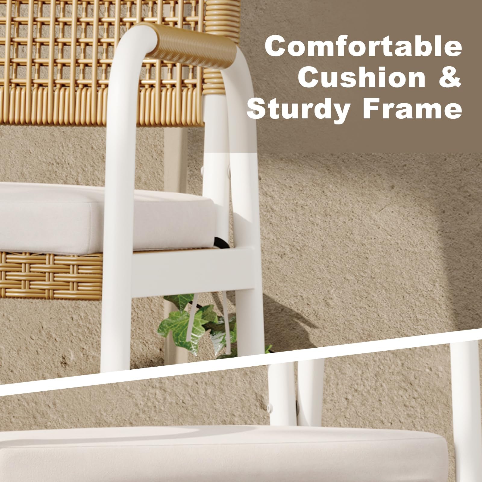 Garvee 2-Piece Stackable Rattan Patio Dining Chairs, All-Weather Outdoor Armchairs with Cushions, White & Brown