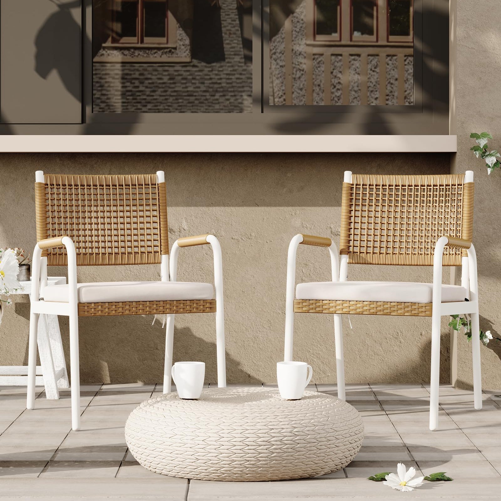 Garvee 2-Piece Stackable Rattan Patio Dining Chairs, All-Weather Outdoor Armchairs with Cushions, White & Brown