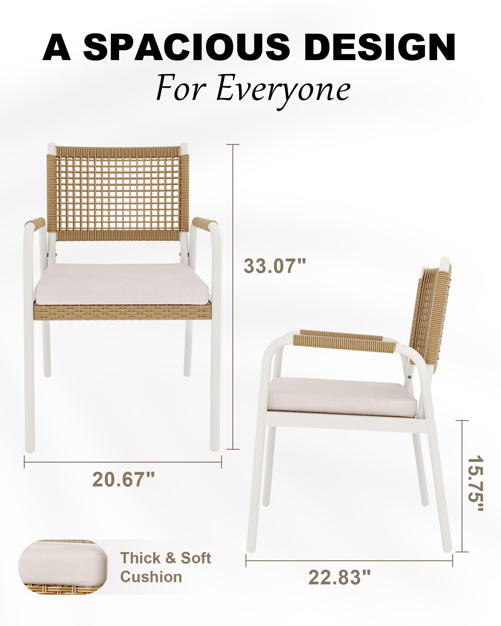 Garvee 2-Piece Stackable Rattan Patio Dining Chairs, All-Weather Outdoor Armchairs with Cushions, White & Brown
