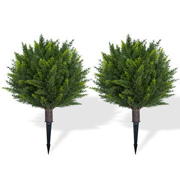 Garvee 18" Artificial Cedar Topiary Ball Trees, UV Resistant Outdoor Fake Plants with Ground Spike, Faux Evergreen Bushes for Indoor Front Porch Garden, Set of 2