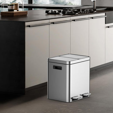 Garvee 8 Gallon Stainless Steel 2 Compartments Trash Can with Removable Inner Buckets and Quite-Close Lid, Silver