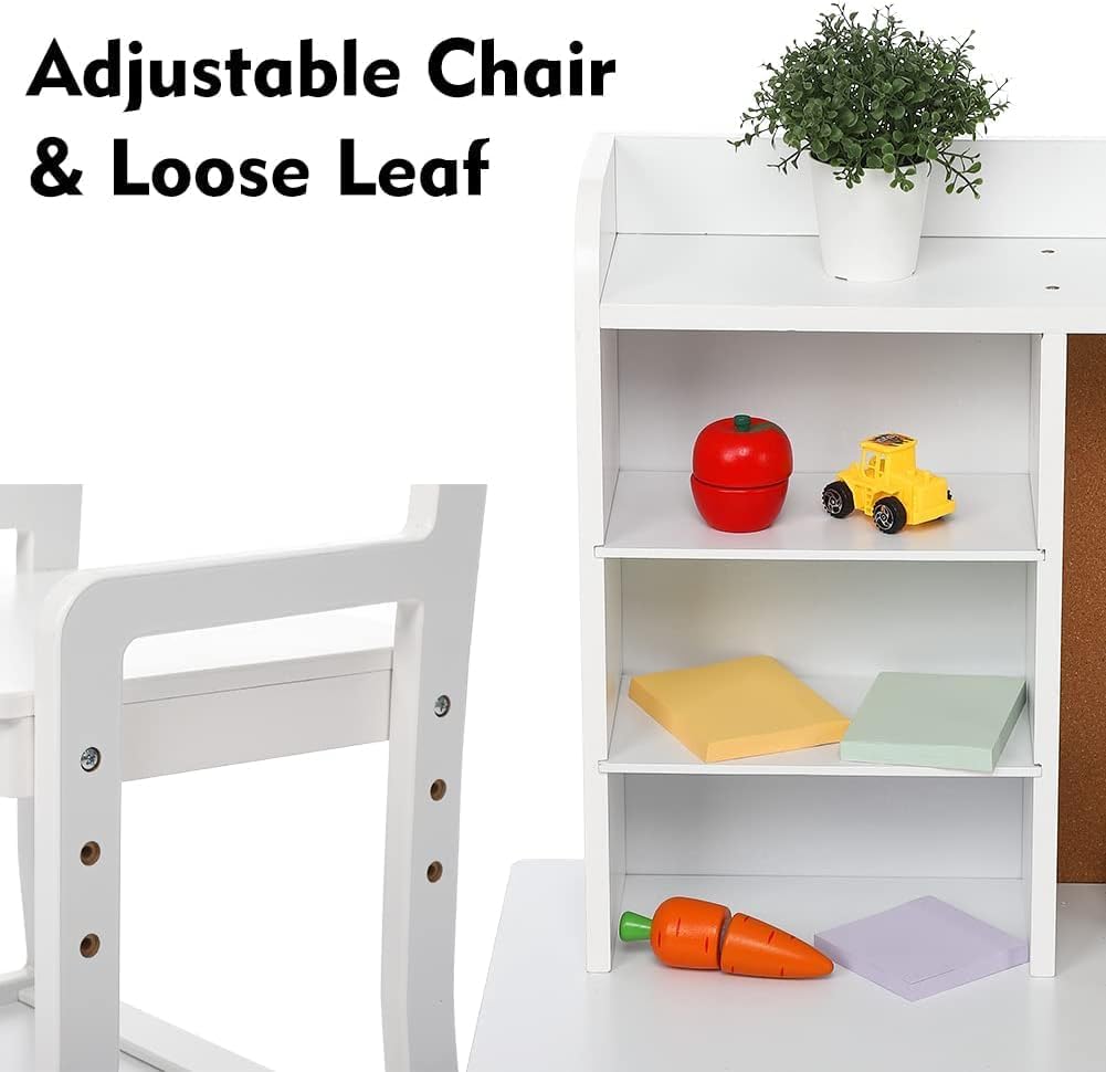 Garvee Kids Wooden Study Desk & Chair Set with Bulletin Board, Cabinets and Bookshelf Suitable for Age 3-10, White