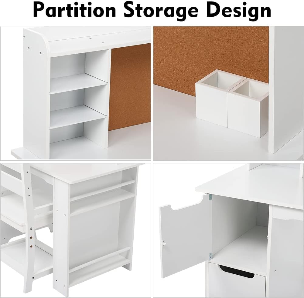 Garvee Kids Wooden Study Desk & Chair Set with Bulletin Board, Cabinets and Bookshelf Suitable for Age 3-10, White