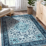 Garvee Area Rug Floral Washable Non-Slip Low-Pile Rugs for Living Room Kitchen Soft Paisley Design 0.3 Inch Thickness - Blue