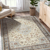 Garvee Area Rug Floral Washable Non-Slip Low-Pile Rugs for Living Room Kitchen, 0.3 Inch, Multi-Color - Beige