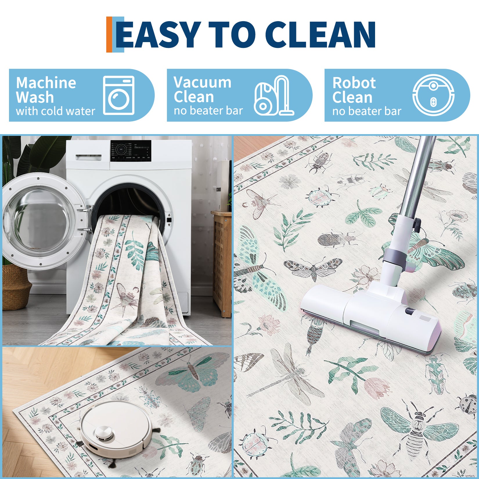 Garvee Modern 8x10 Rug Floral Insect Print Non-Slip Machine Washable Ultra-Soft Beige Indoor Carpet for Living Room Bedroom Nursery