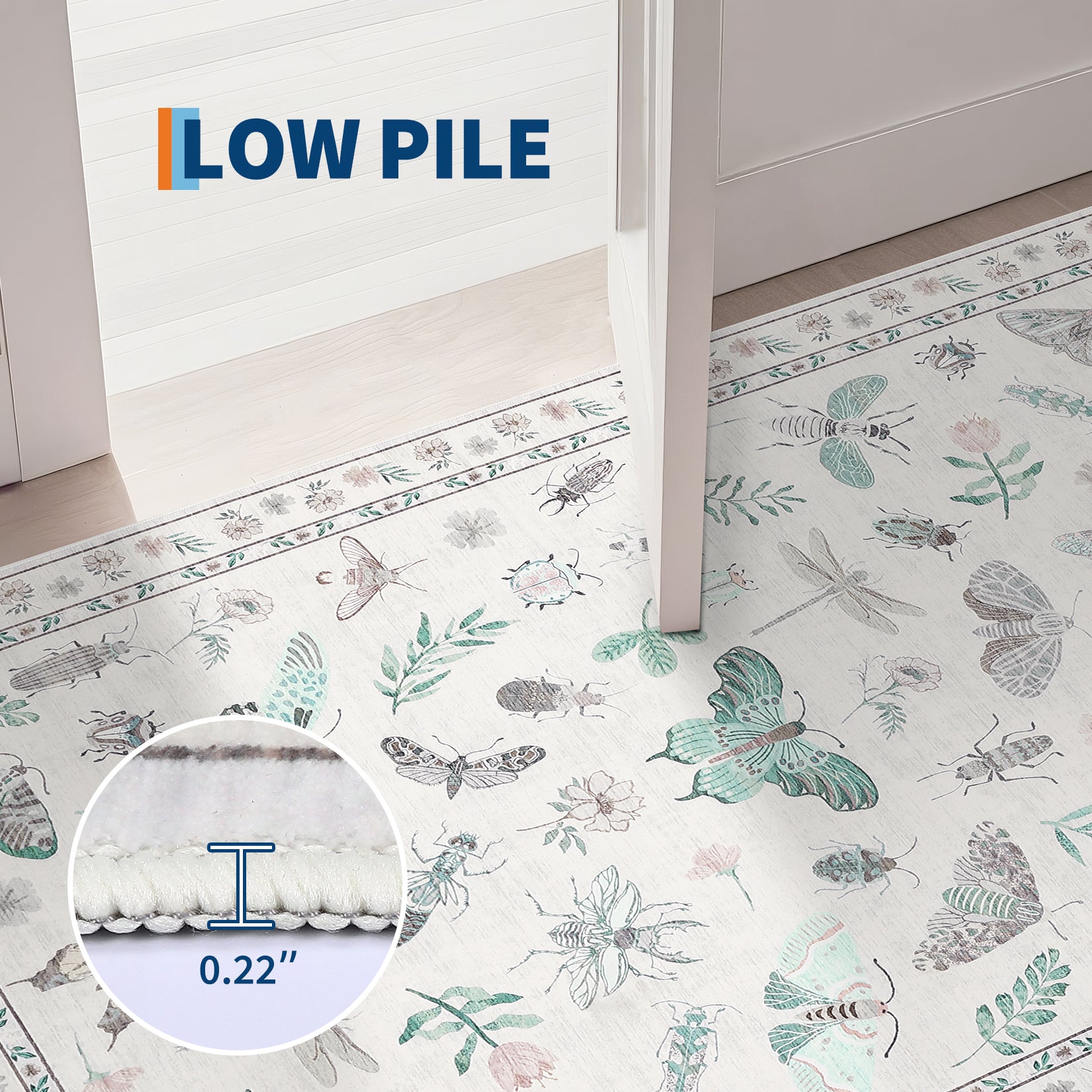 Garvee Modern 8x10 Rug Floral Insect Print Non-Slip Machine Washable Ultra-Soft Beige Indoor Carpet for Living Room Bedroom Nursery