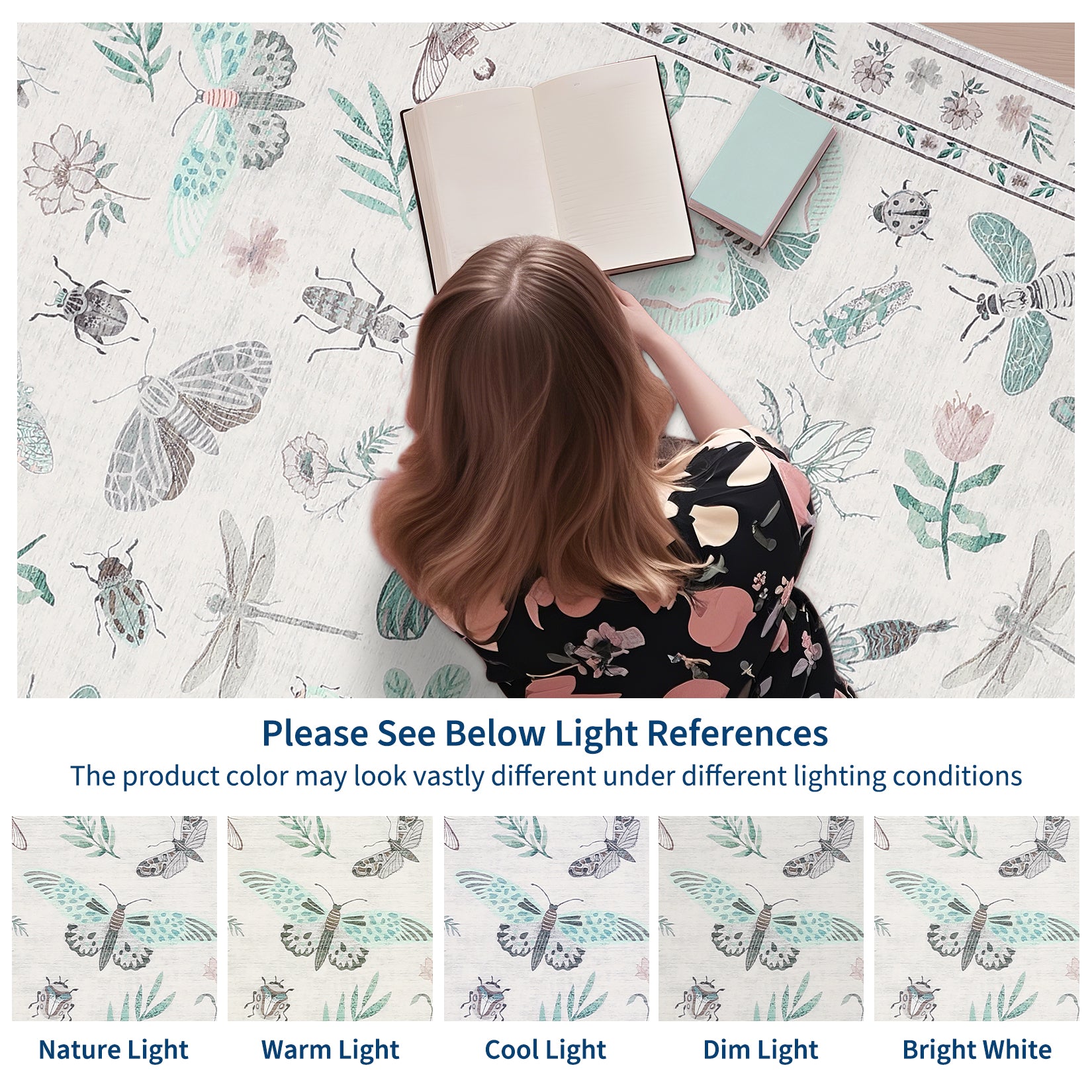 Garvee Modern 8x10 Rug Floral Insect Print Non-Slip Machine Washable Ultra-Soft Beige Indoor Carpet for Living Room Bedroom Nursery