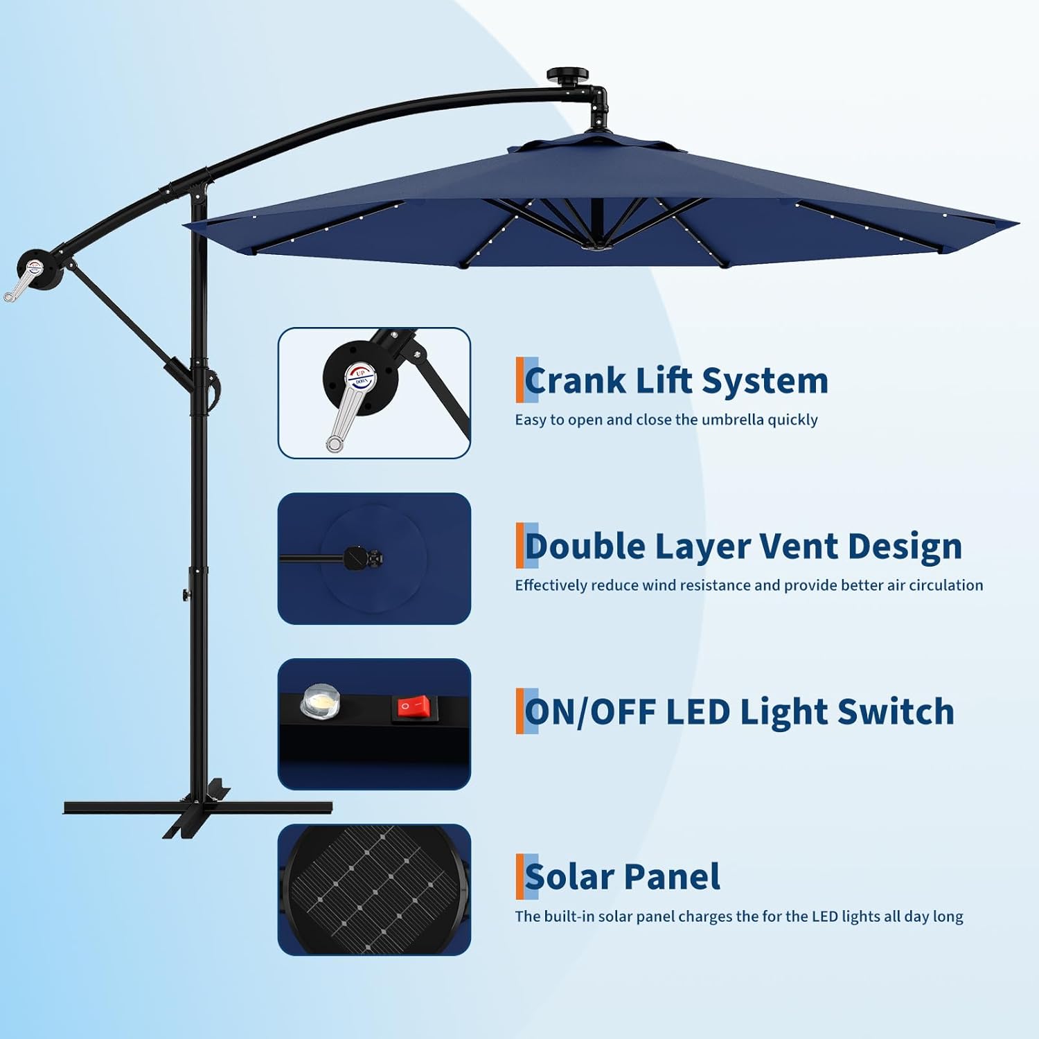 10' Solar Cantilever Umbrella - LED Lights & UV Protection 10' Solar Cantilever Umbrella - LED Lights & UV Protection