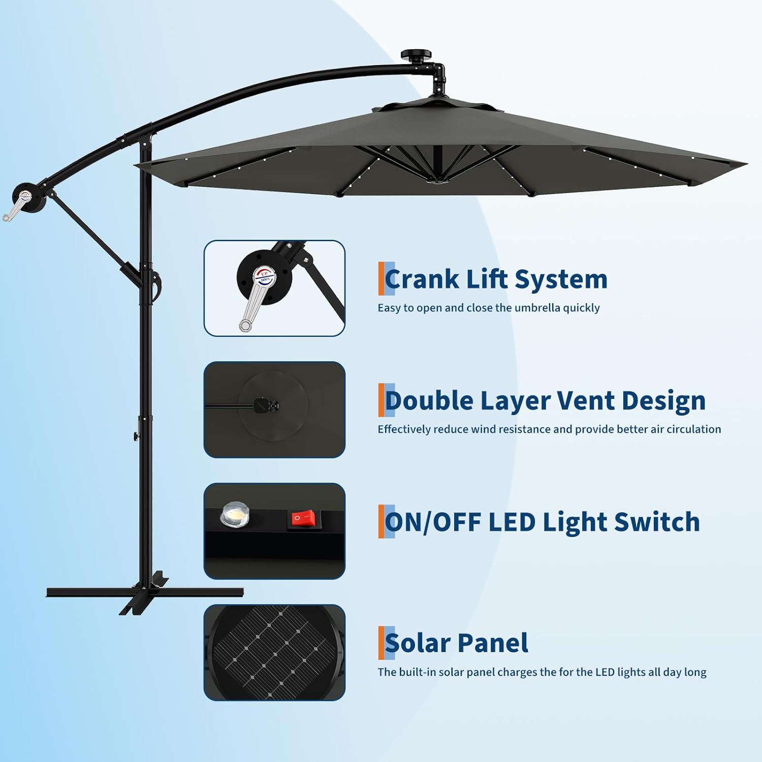 black offset patio umbrella with lights 10' Solar Cantilever Umbrella - LED Lights & UV Protection