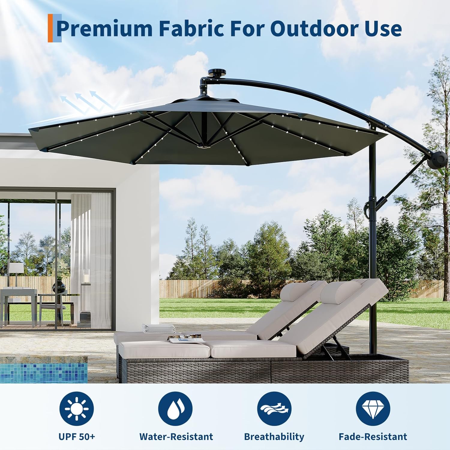 9.83 ft metal cantilever patio umbrella in gray | Wind Resistant, 360 Rotation | Commercial Grade | Sunbrella Black & Grey this cantilever umbrella delivers reliable performance PURPLE LEAF 11 ft Cantilever