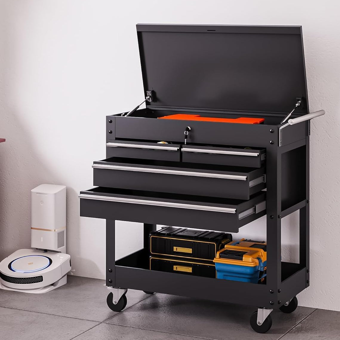 GARVEE 4-Drawer Rolling Tool Chest with Lock Durable Black Metal Tool Cart