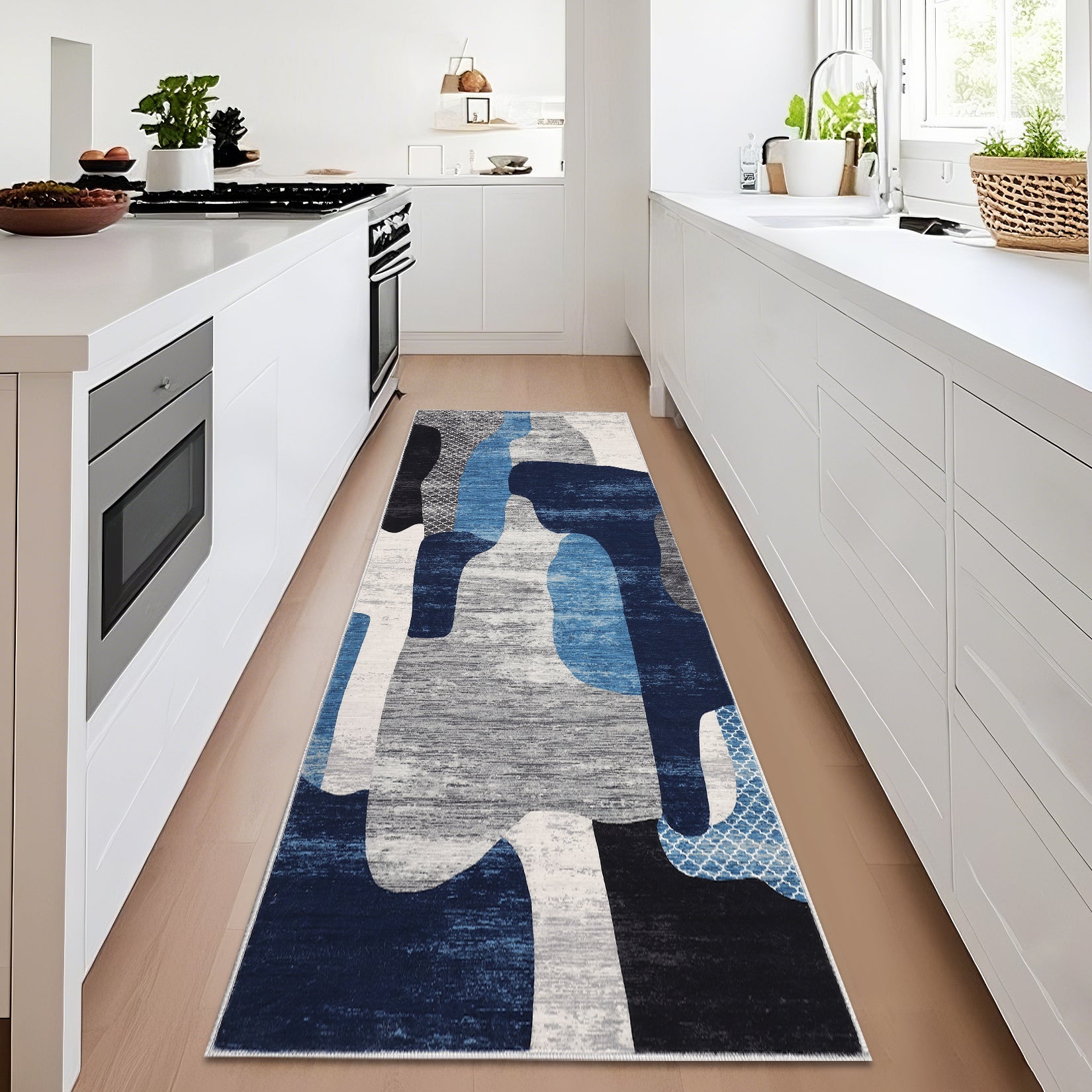 Garvee Modern Blue 2x6 Washable Hallway Runner Rug, Abstract Throw Kitchen Runner, Ultra Thin Non Slip Carpet Mat for Laundry Bathroom Bedroom, Indoor Contemporary Low Pile Area Rugs