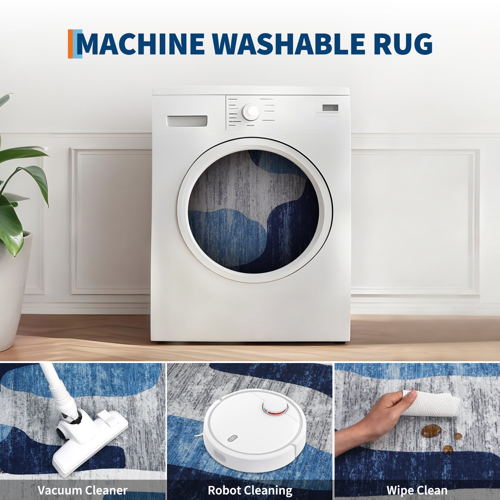 Garvee Modern Blue 8x10 Abstract Area Rugs for Living Room, Washable Soft Rugs for Bedroom, Large Non Slip Accent Carpet for Dining Room, Low Pile Foldable Thin Mat