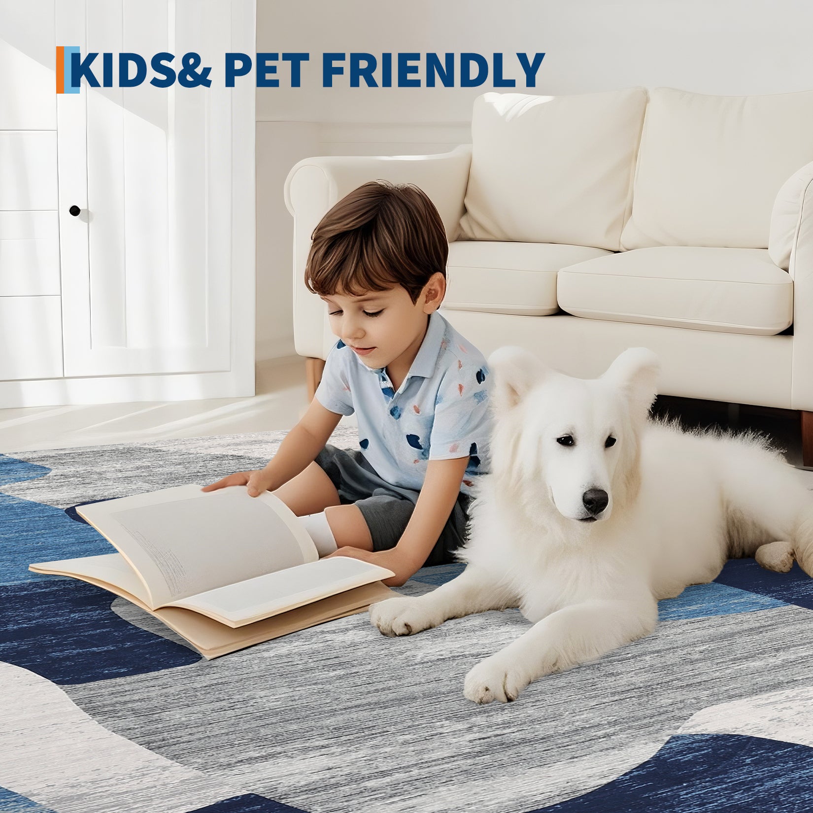 Garvee Modern Blue 8x10 Abstract Area Rugs for Living Room, Washable Soft Rugs for Bedroom, Large Non Slip Accent Carpet for Dining Room, Low Pile Foldable Thin Mat