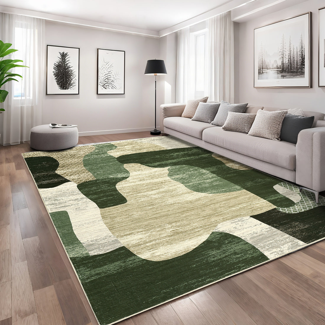 Garvee Modern Green 10x13 Abstract Area Rug Large Soft Faux Wool Non-Slip Backing Foldable Low Pile Polyester Indoor Living Room Bedroom