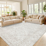 Garvee Large Vintage Rugs 10x13 Stain Resistant Washable Area Rug for Living Room Non-Slip Foldable Carpet Indoor Soft Geometric Neutral Floor Carpet for Bedroom Nursery, Beige - Cream White