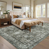 Garvee Vintage Rug for Living Room 9x12 Non Slip Non Shedding Washable Floor Cover, Low Pile Traditional Distressed Retro Carpet, Foldable Floral Print Soft Mat for Nursery Bedroom - Brown Green