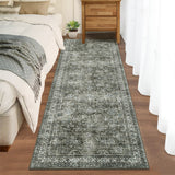 Garvee Washable Runner Rug for Kitchen 2x6 Non Slip Non Shedding Oriental Floral Vintage Long Carpet, Low Pile Distressed Floor Cover, Foldable Printed Mat for Hallway Entryway Bedroom - Brown Green
