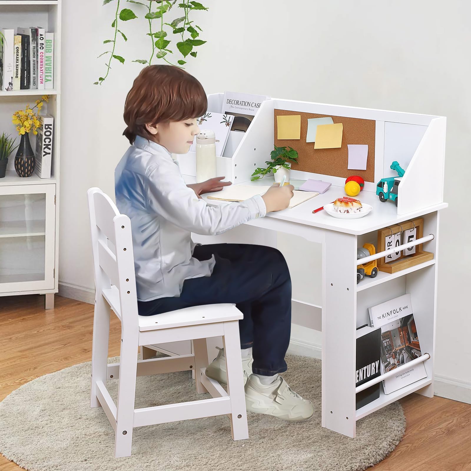 Garvee White Study Desk and Chair Set with Bookshelf, Bulletin Board, and Cabinets Ideal for Boys and Girls Ages 3-10