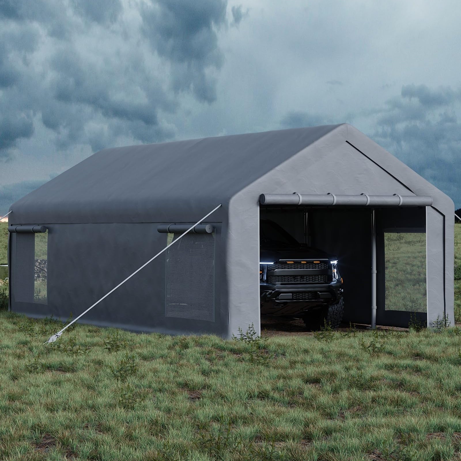 Garvee Heavy Duty Grey 13x25 FT Portable Carport Garage Shelter - Waterproof UV-Protected PE Canopy, Roll-Up Windows, Removable Sidewalls, Outdoor Storage for Car, Truck, Boat, Equipment