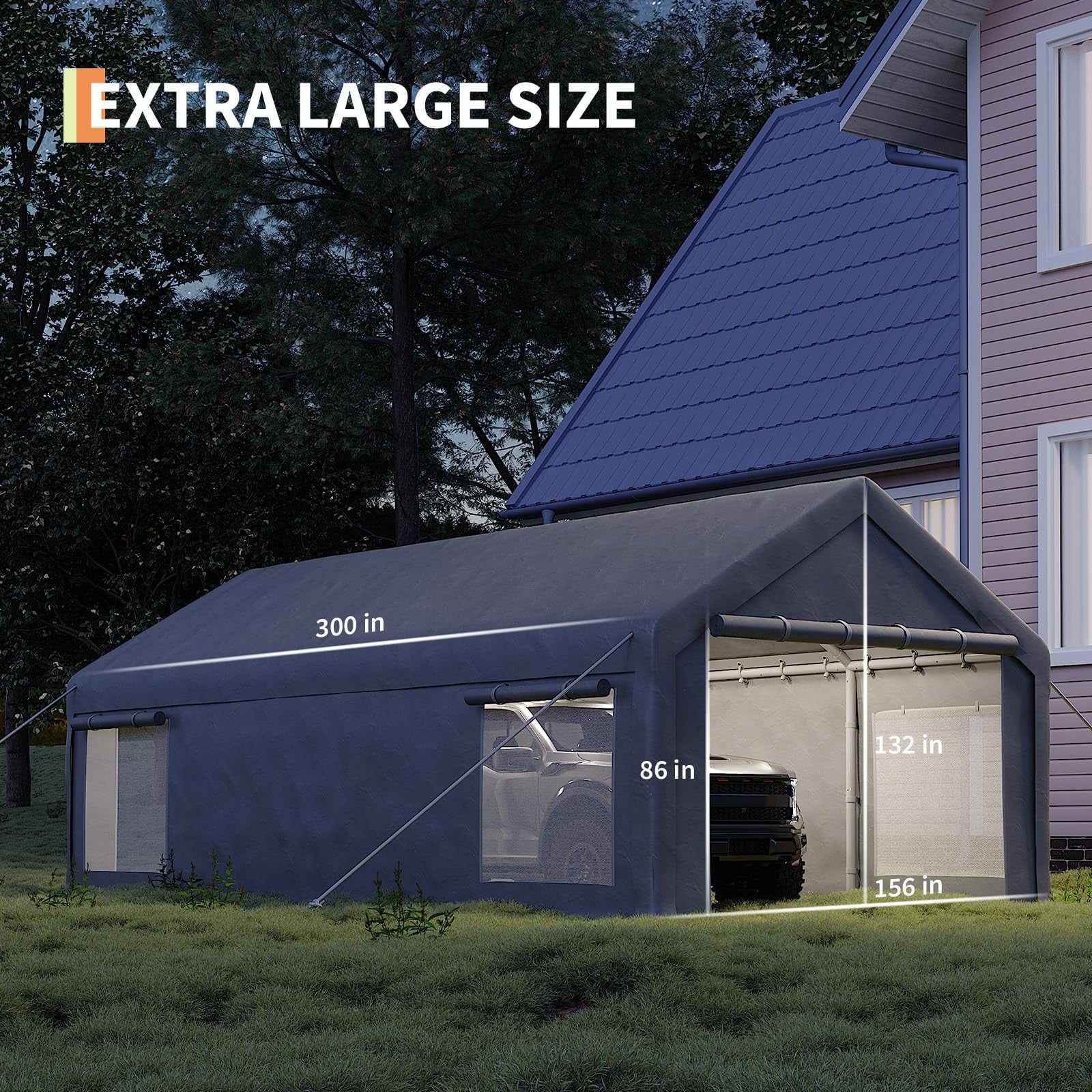 Garvee Heavy Duty Grey 13x25 FT Portable Carport Garage Shelter - Waterproof UV-Protected PE Canopy, Roll-Up Windows, Removable Sidewalls, Outdoor Storage for Car, Truck, Boat, Equipment