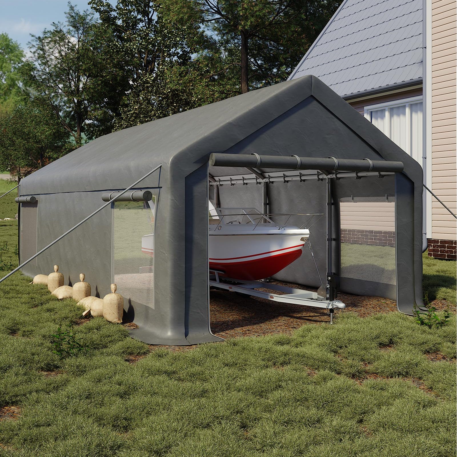 portable car tent garage Garvee 13' x 25' Heavy-Duty Portable Carport Garage Shelter, 220G Waterproof PE Canopy with Roll-Up Doors, Removable Sidewalls & Steel Frame for Cars,