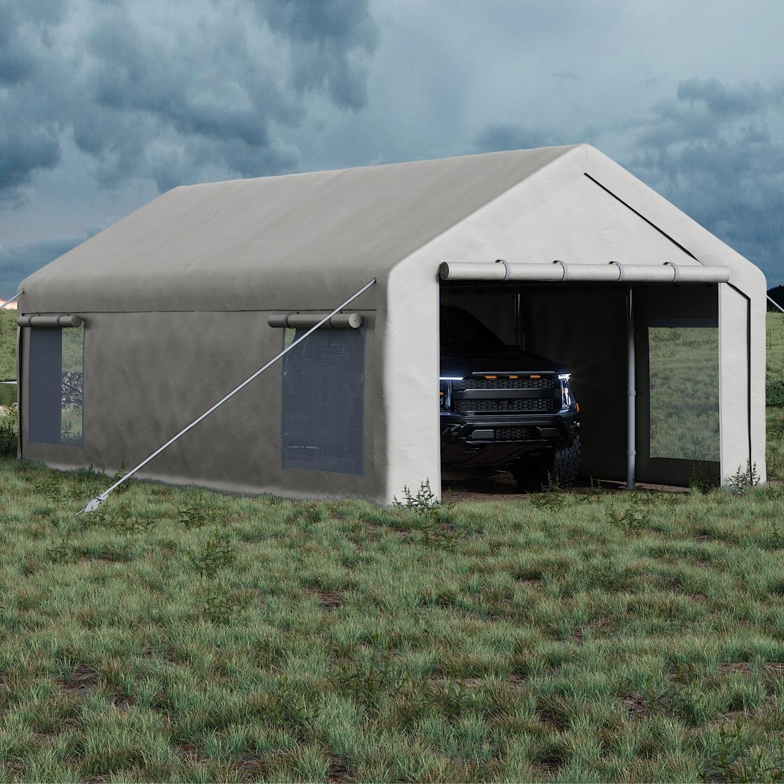 Garvee Heavy Duty 13x25 FT White Portable Carport Canopy Garage Tent - Waterproof UV-Resistant Shelter, 2 Roll-Up Doors, 4 Windows, 10 Sandbags, Removable Sidewalls, for Cars, Trucks, Boats, Motorcycles