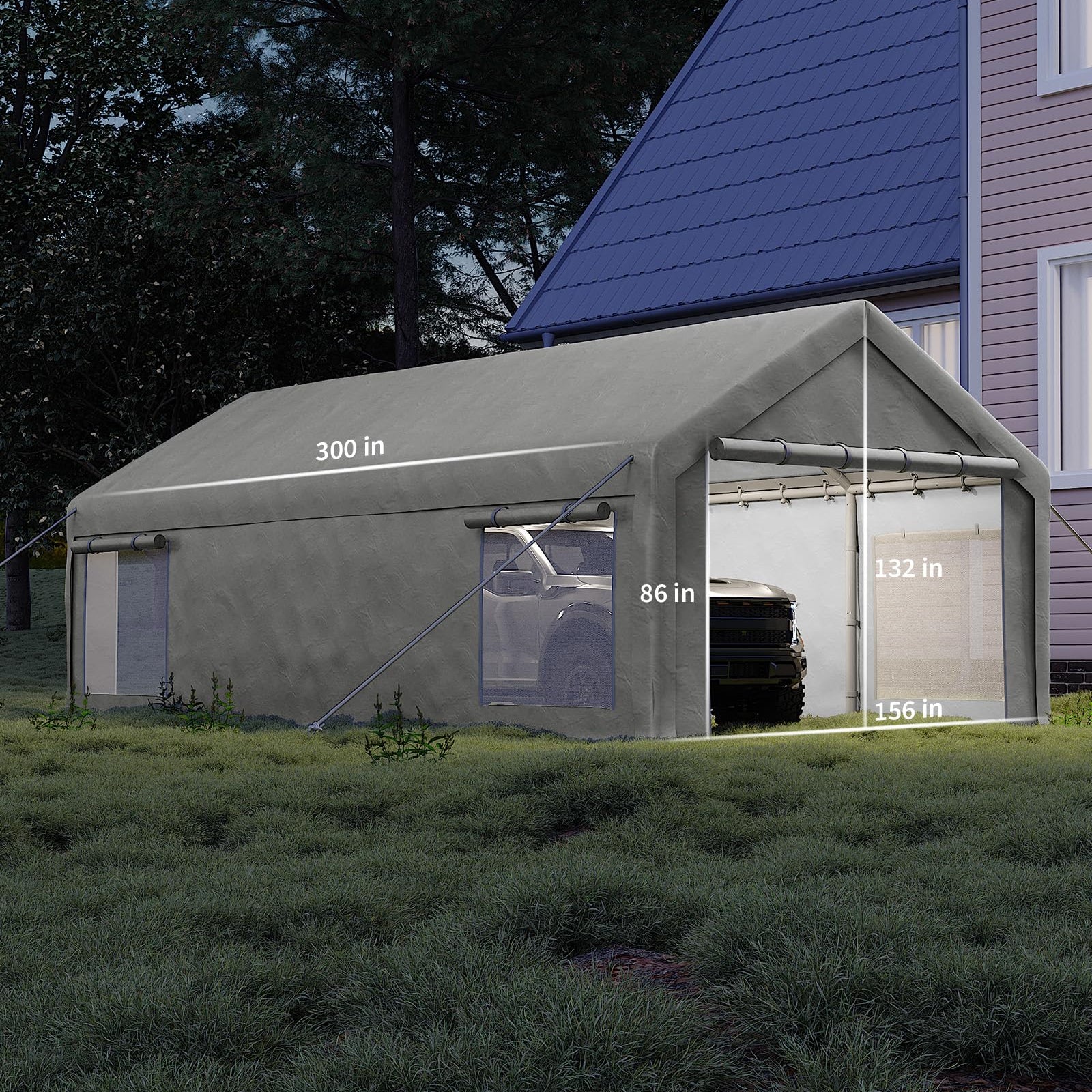 Garvee Heavy Duty 13x25 FT White Portable Carport Canopy Garage Tent - Waterproof UV-Resistant Shelter, 2 Roll-Up Doors, 4 Windows, 10 Sandbags, Removable Sidewalls, for Cars, Trucks, Boats, Motorcycles