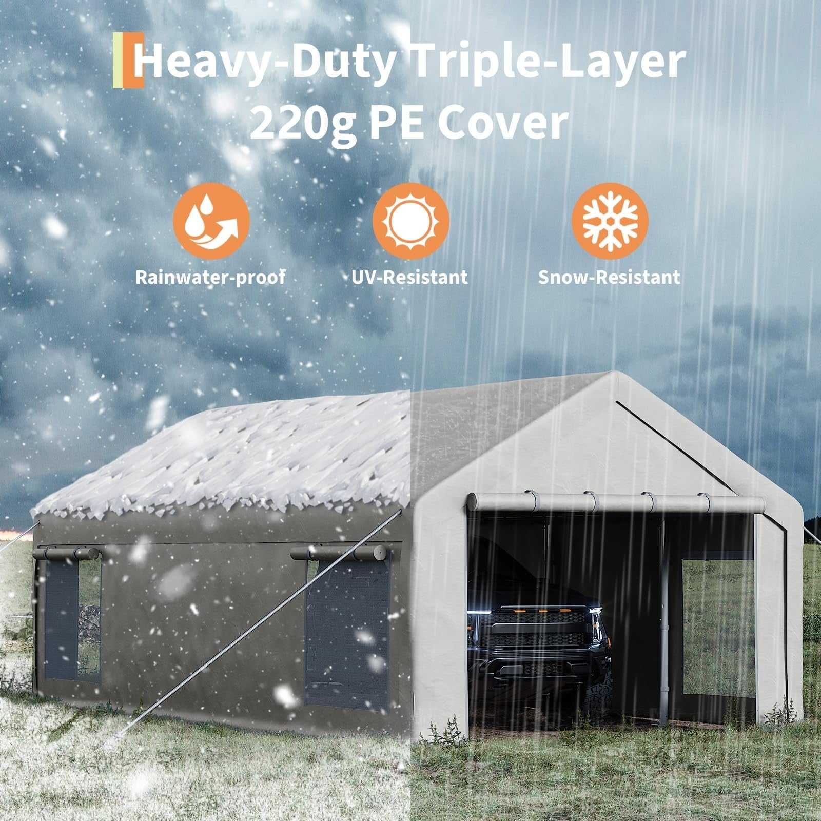Garvee Heavy Duty 13x25 FT White Portable Carport Canopy Garage Tent - Waterproof UV-Resistant Shelter, 2 Roll-Up Doors, 4 Windows, 10 Sandbags, Removable Sidewalls, for Cars, Trucks, Boats, Motorcycles
