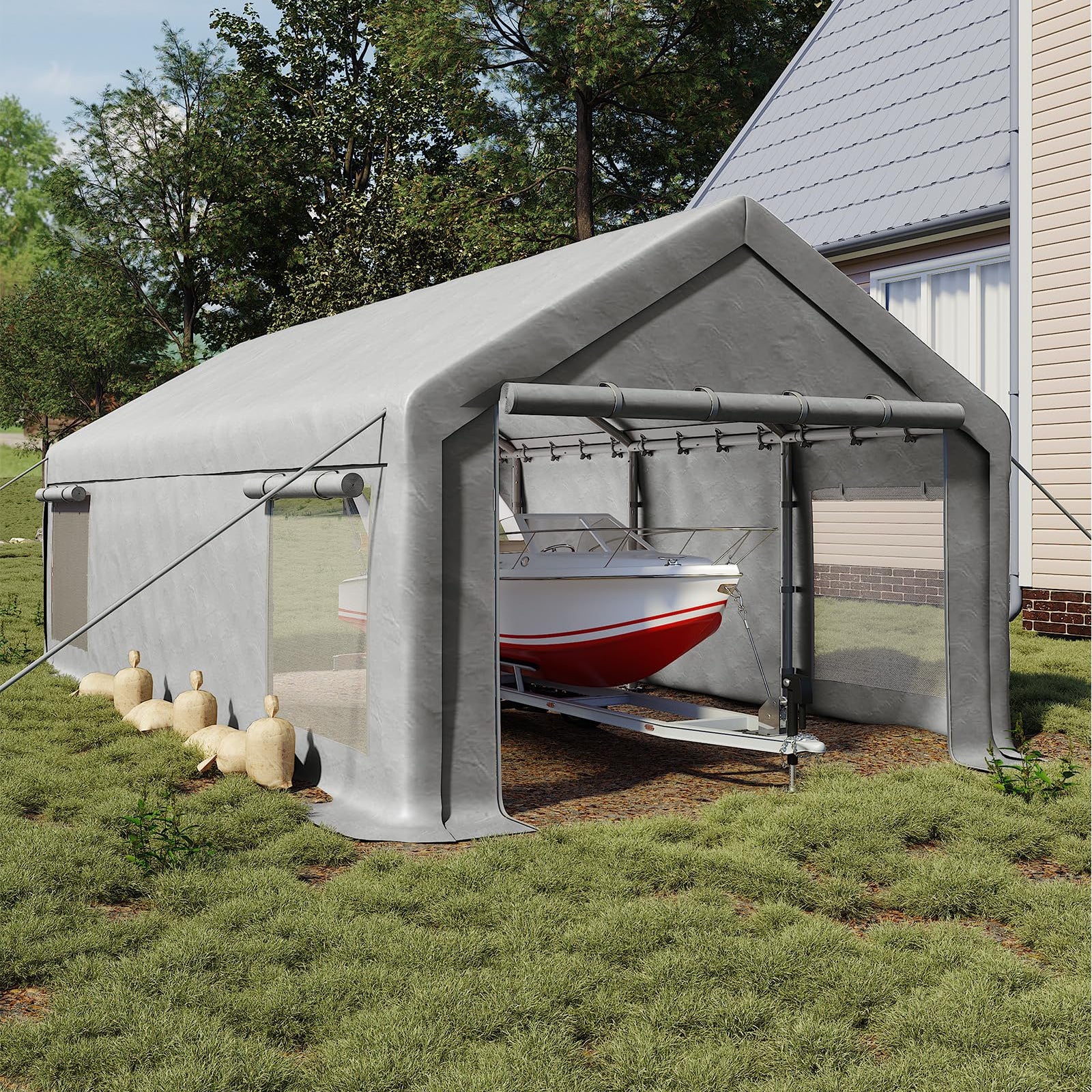 Garvee Heavy Duty 13x25 FT White Portable Carport Canopy Garage Tent - Waterproof UV-Resistant Shelter, 2 Roll-Up Doors, 4 Windows, 10 Sandbags, Removable Sidewalls, for Cars, Trucks, Boats, Motorcycles