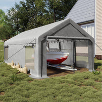 Garvee Heavy Duty 13x25 FT White Portable Carport Canopy Garage Tent - Waterproof UV-Resistant Shelter, 2 Roll-Up Doors, 4 Windows, 10 Sandbags, Removable Sidewalls, for Cars, Trucks, Boats, Motorcycles