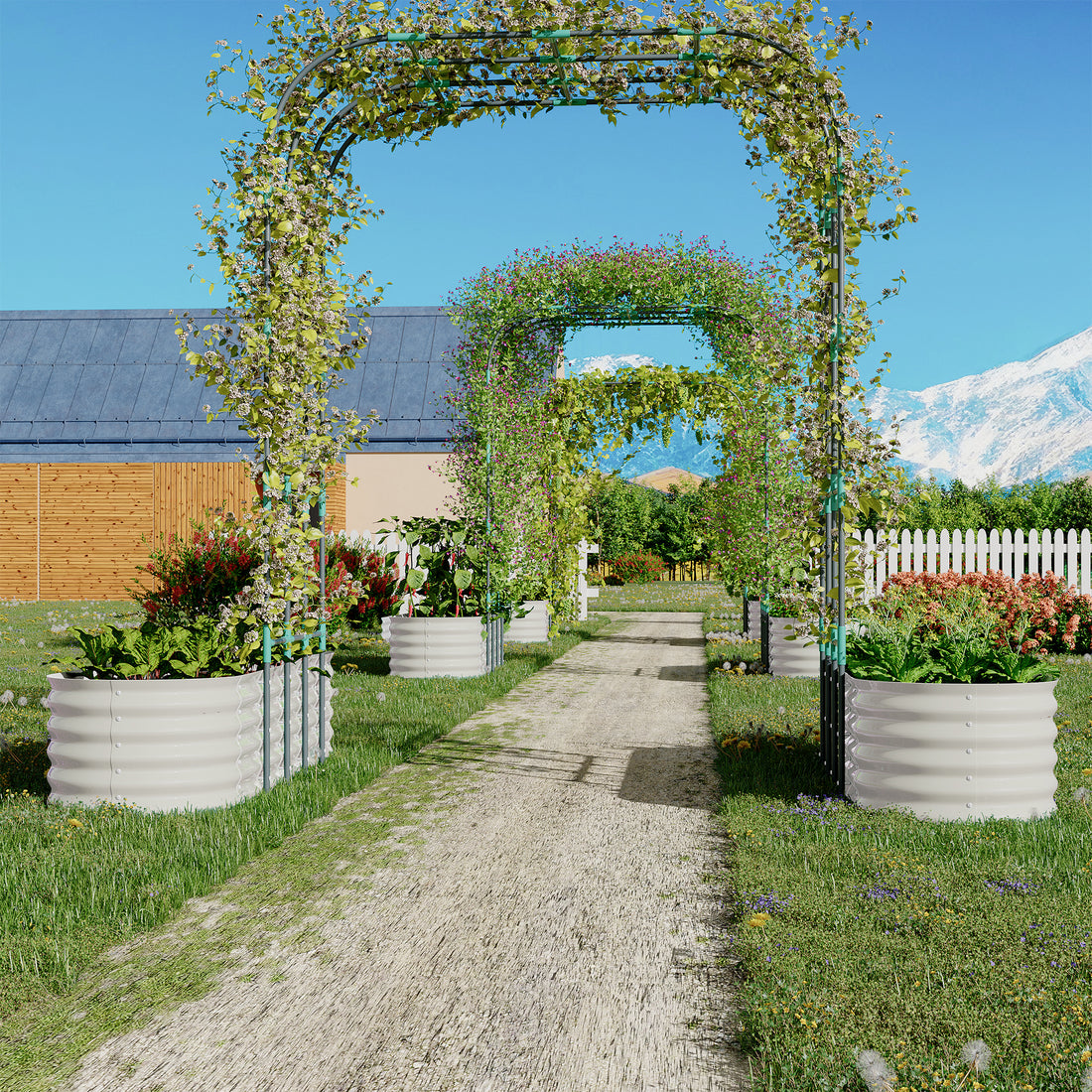 Garvee Galvanized Raised Garden Bed with 96" Vertical Arch Trellis - Rust-Resistant, Expandable Trellis - Steel, Plant Clips, Drainage Netting - Outdoor Garden, Patio, Beige