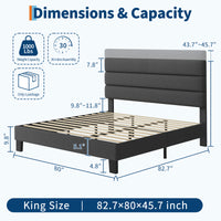 Garvee King Size Bed Frame with Adjustable Headboard, Fabric Upholstered and Wooden Slats Support Platform Bed Frame, Heavy Duty Mattress Foundation, Easy Assembly, Dark Grey