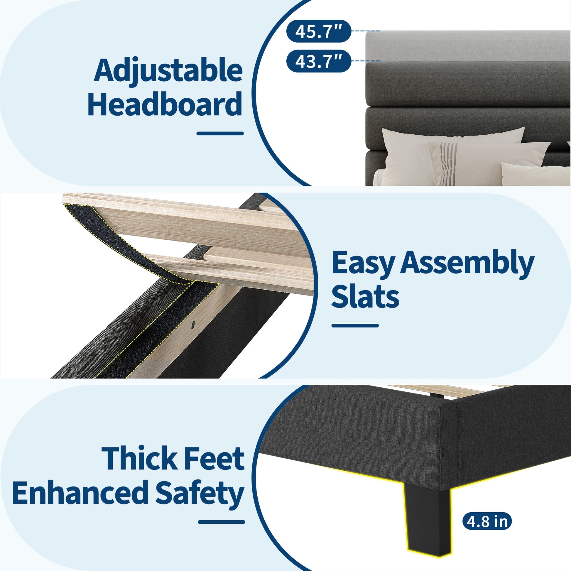 Garvee Full Size Bed Frame with Adjustable Headboard, Fabric Upholstered and Wooden Slats Support Platform Bed Frame, Dark Grey