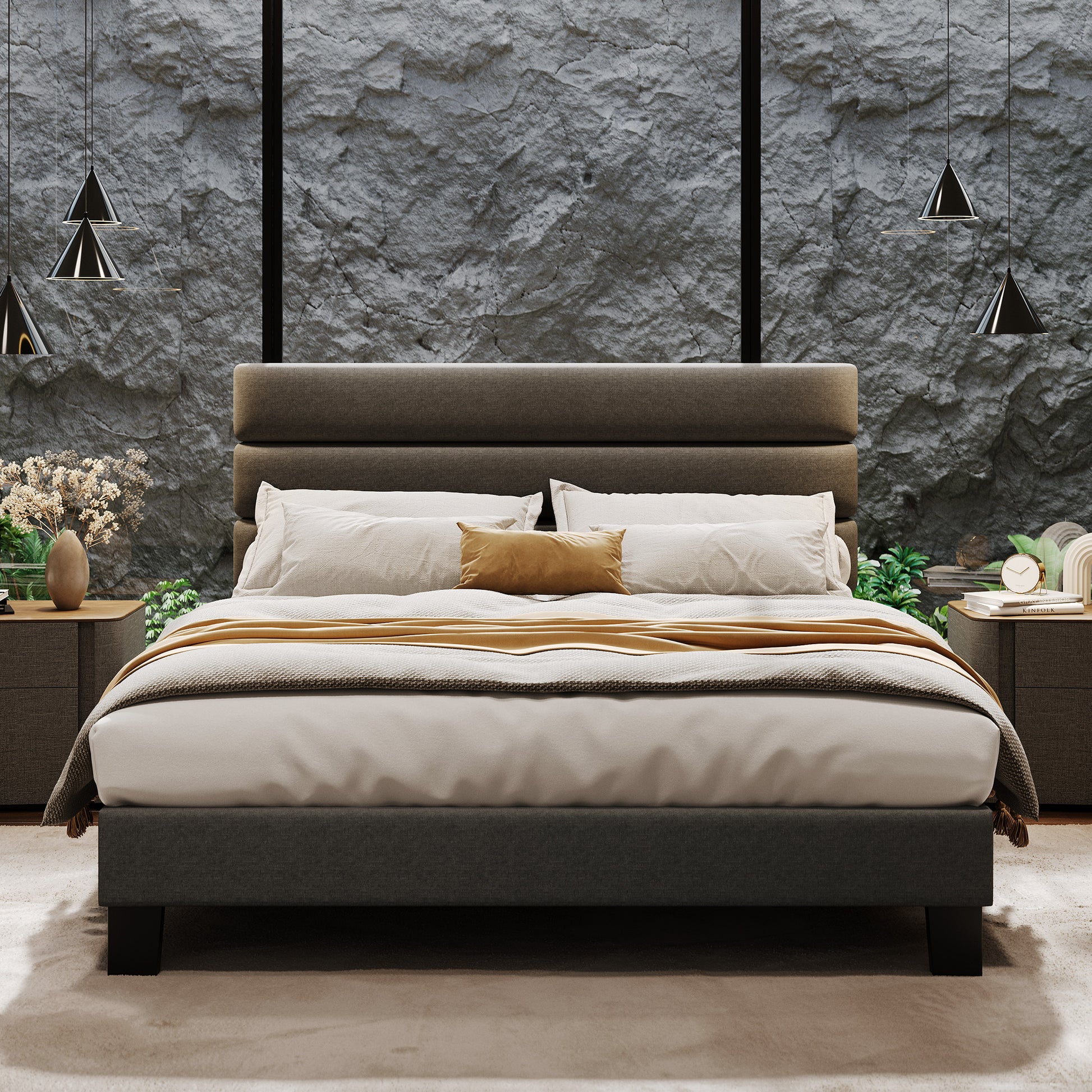 Garvee Full Size Bed Frame with Adjustable Headboard, Fabric Upholstered and Wooden Slats Support Platform Bed Frame, Dark Grey