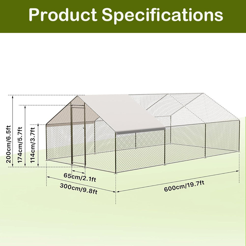 Garvee Large Metal Chicken Coop, Walk-in Poultry Cage, Chicken House with Waterproof and Anti-Ultraviolet Cover for Outdoor Yard Farm Silver - 9.8*19.7*6.6FT