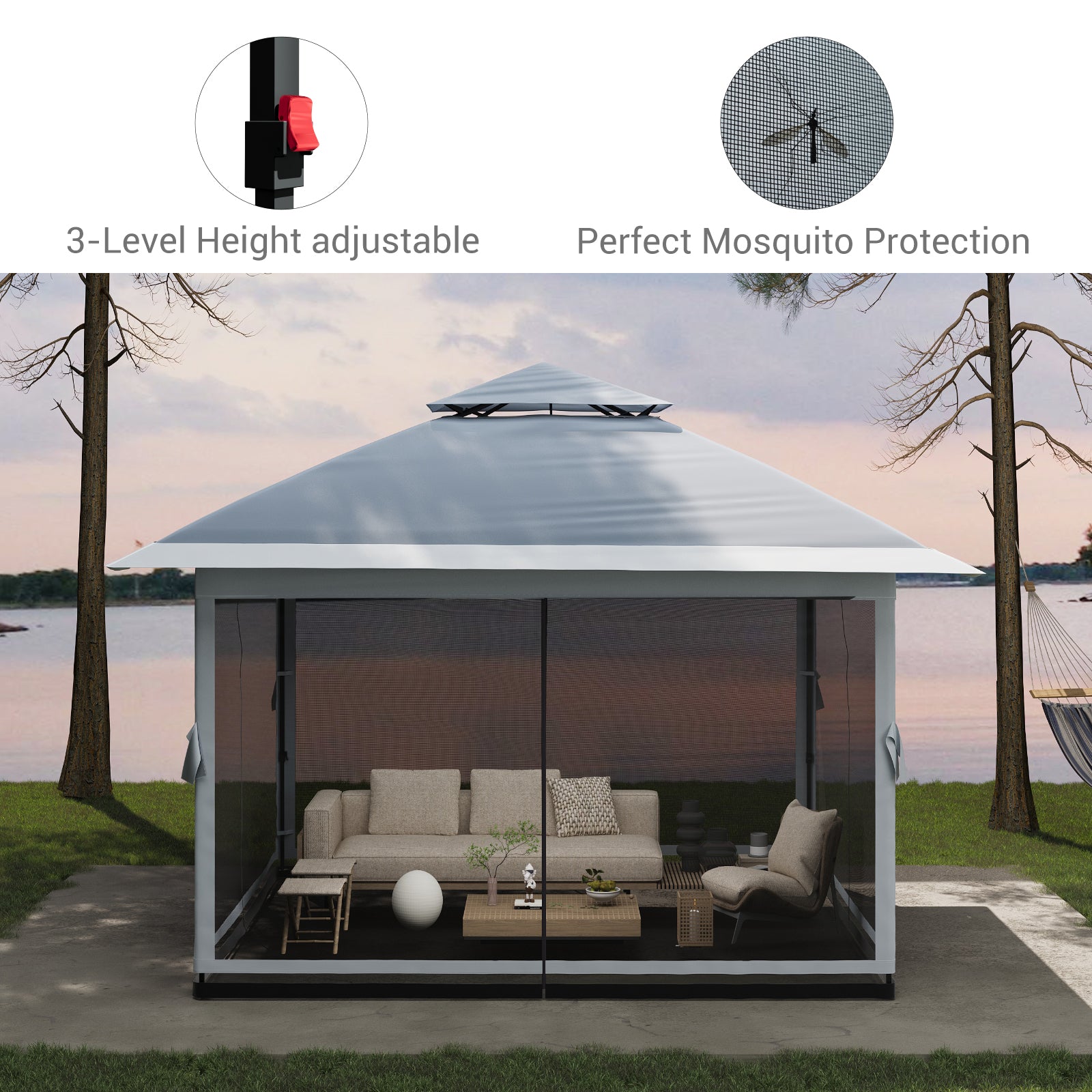Garvee 13'x13' Pop Up Tent Outdoor Canopy Shelter with Mosquito Netting 4 Stanbags Instant Gazebo Tent for Lawn, Garden, Backyard Deck (Charcoal Grey + Light Grey)