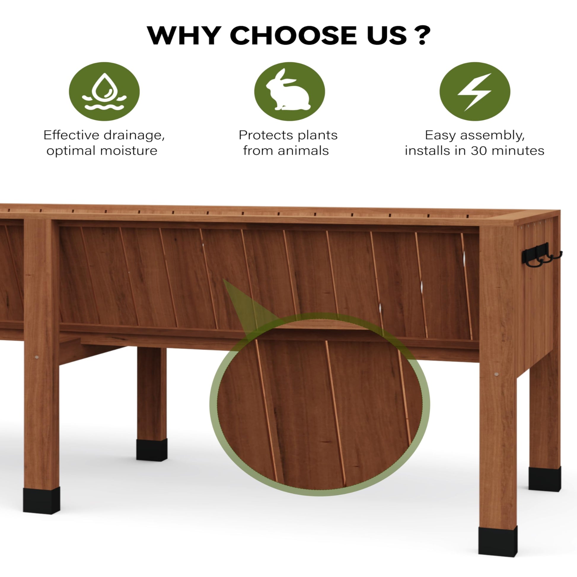 Garvee Raised Garden Bed 72"x26"x31" Tall 13.7"Deep Cedar Wood Ergonomic Height & Enhanced Depth Sturdy Legs & Hooks Acorn Brown Outdoor Gardening