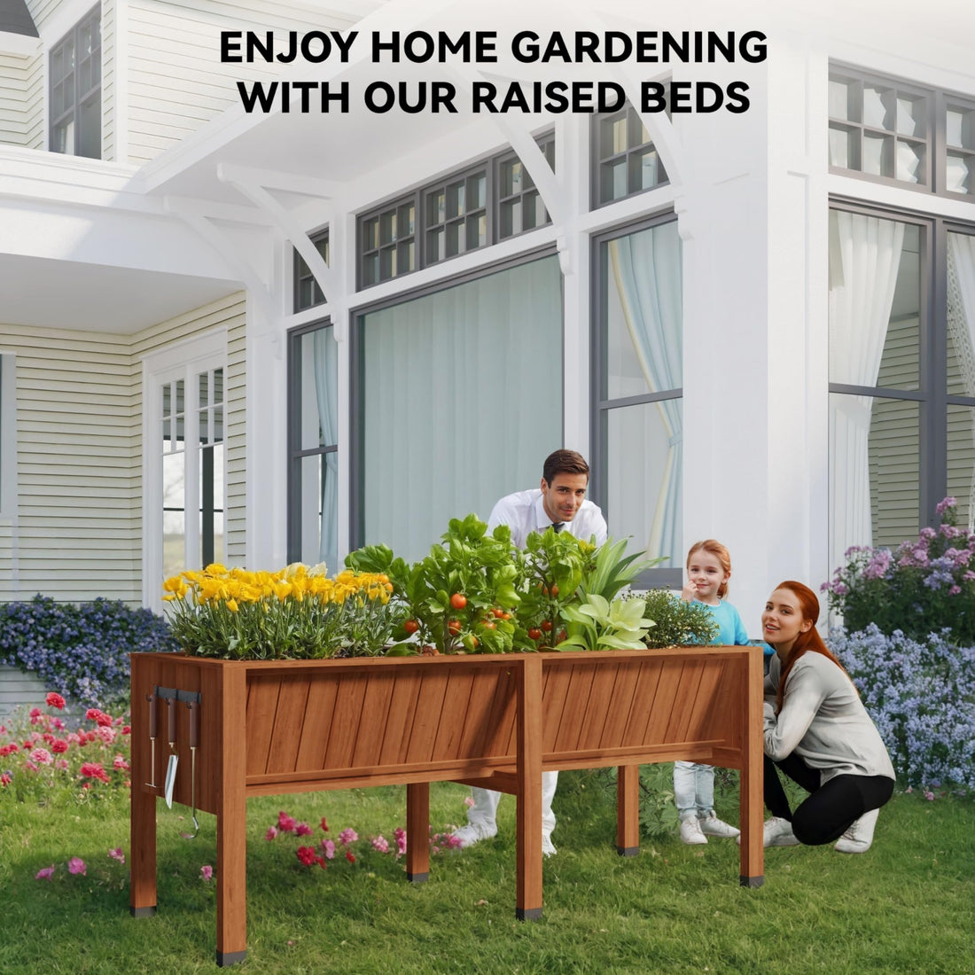 Garvee Raised Garden Bed 72"x26"x31" Tall 13.7"Deep Cedar Wood Ergonomic Height & Enhanced Depth Sturdy Legs & Hooks Acorn Brown Outdoor Gardening