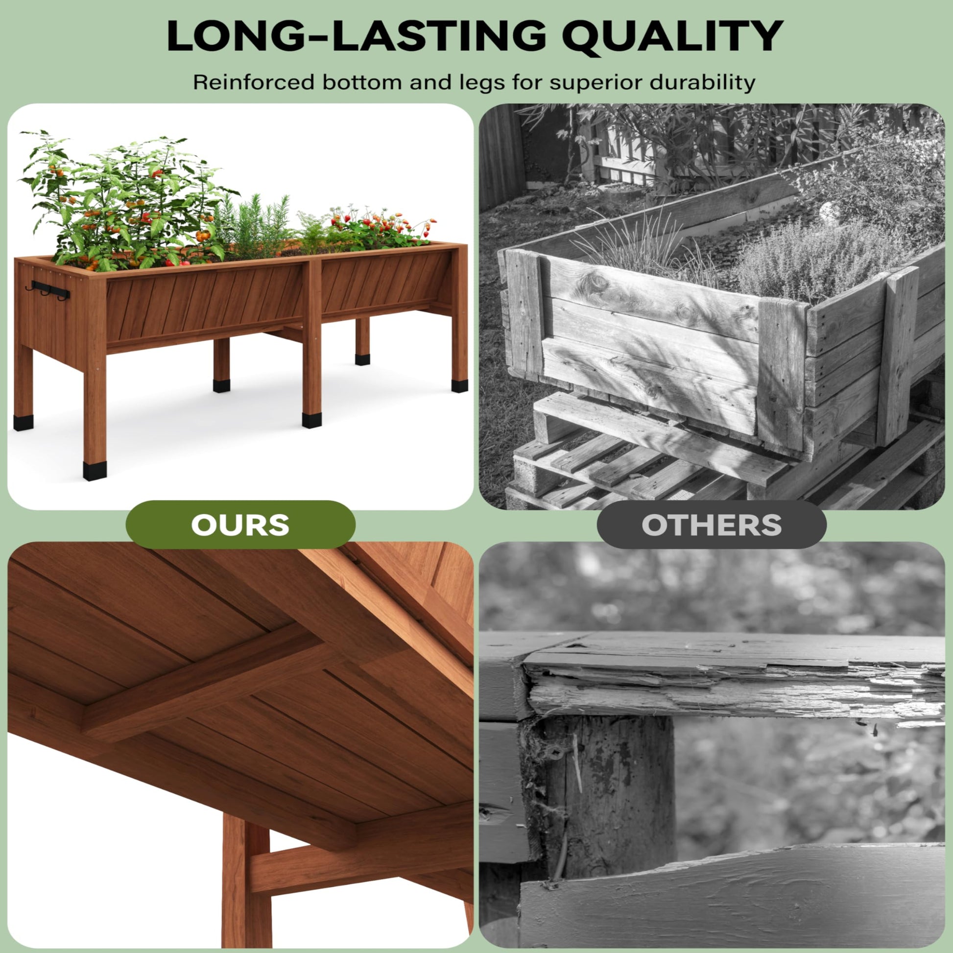 Garvee Raised Garden Bed 72"x26"x31" Tall 13.7"Deep Cedar Wood Ergonomic Height & Enhanced Depth Sturdy Legs & Hooks Acorn Brown Outdoor Gardening