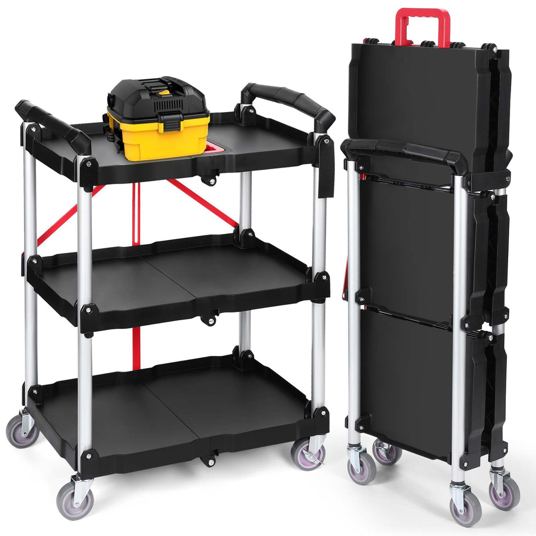Garvee Foldable Utility Cart Heavy Duty 176 LBS with 360° Swivel Wheels and Ergonomic Red Handle, PP Trays & Aluminum Frame, Locking Wheels, for Office Garage Kitchen