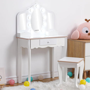 Garvee Kids Vanity Table Set with 3 Mirrors and Light Suitable for Age 3-10, White