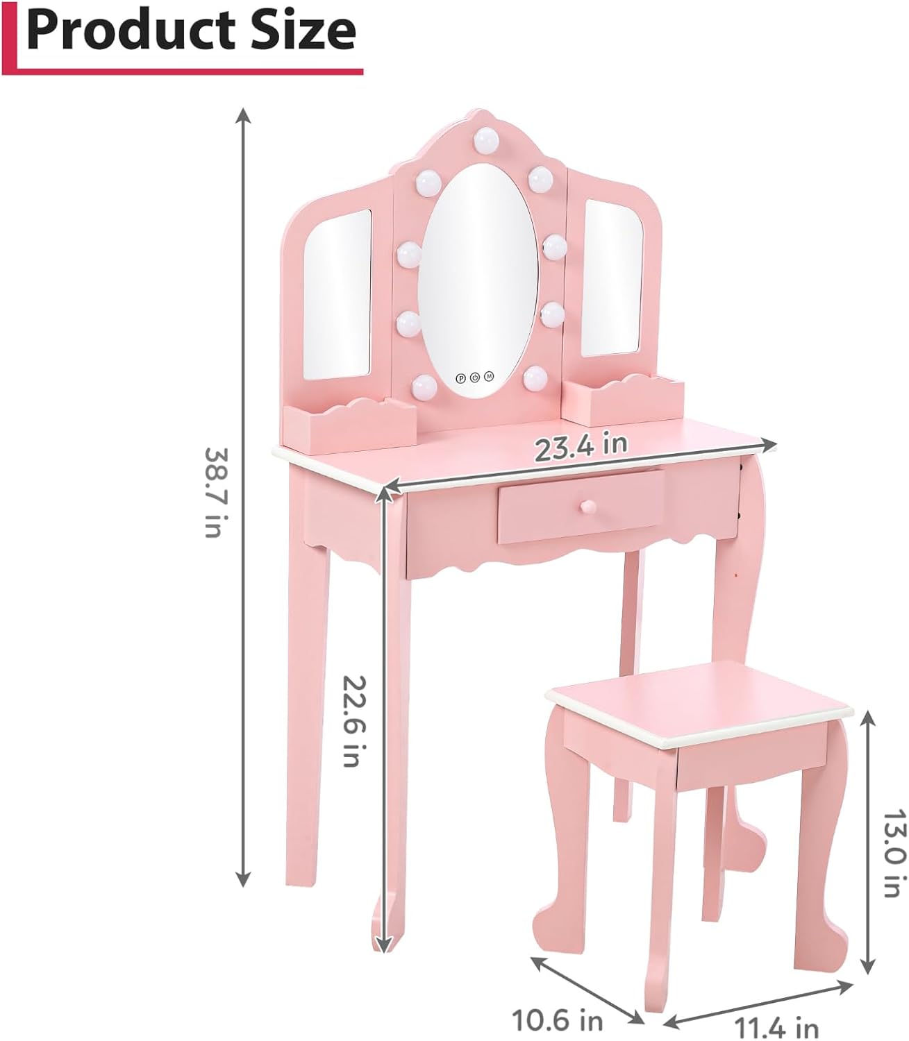 Garvee Kids Vanity Table Set with 3 Mirrors and Light Suitable for Age 3-10, Pink