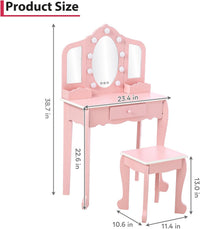 Garvee Kids Vanity Table Set with 3 Mirrors and Light Suitable for Age 3-10, Pink