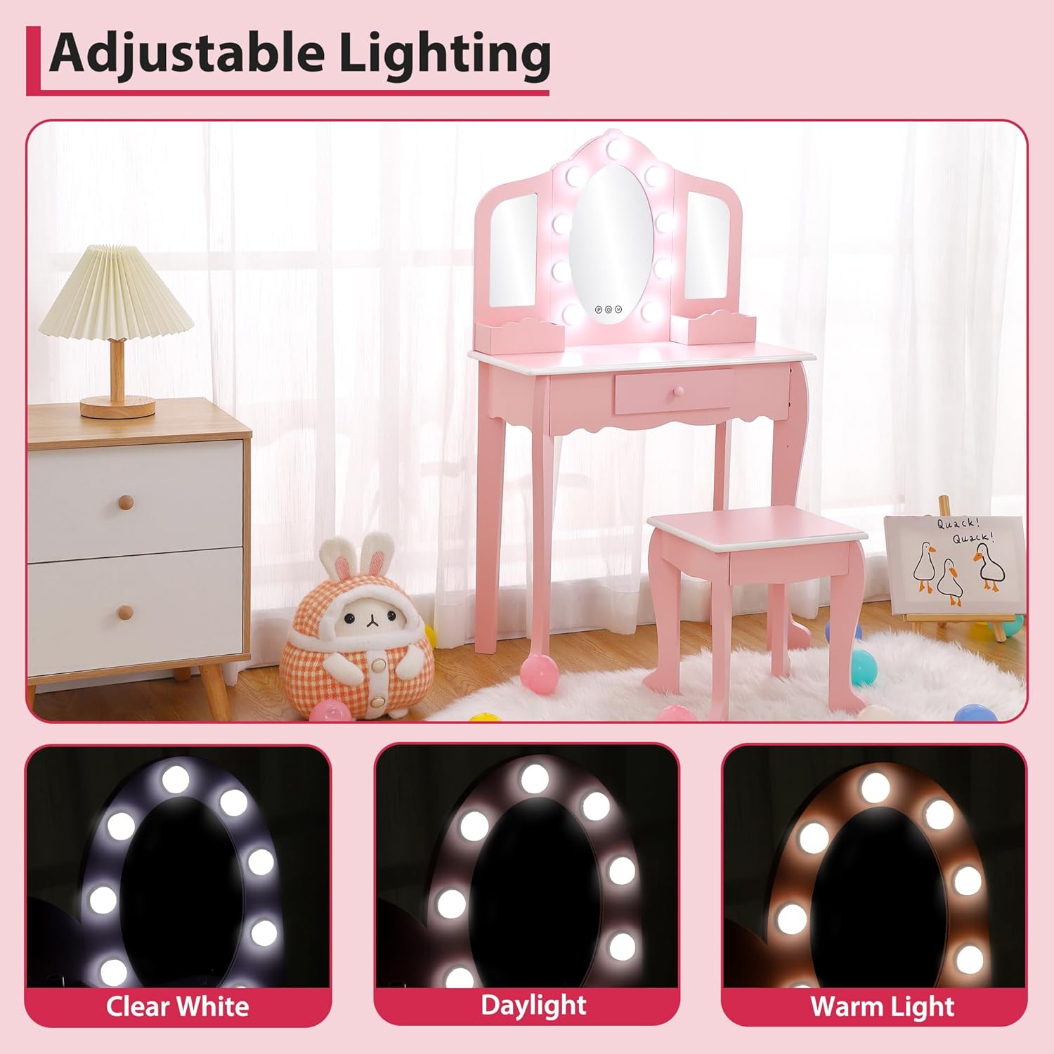 Garvee Kids Vanity Table Set with 3 Mirrors and Light Suitable for Age 3-10, Pink