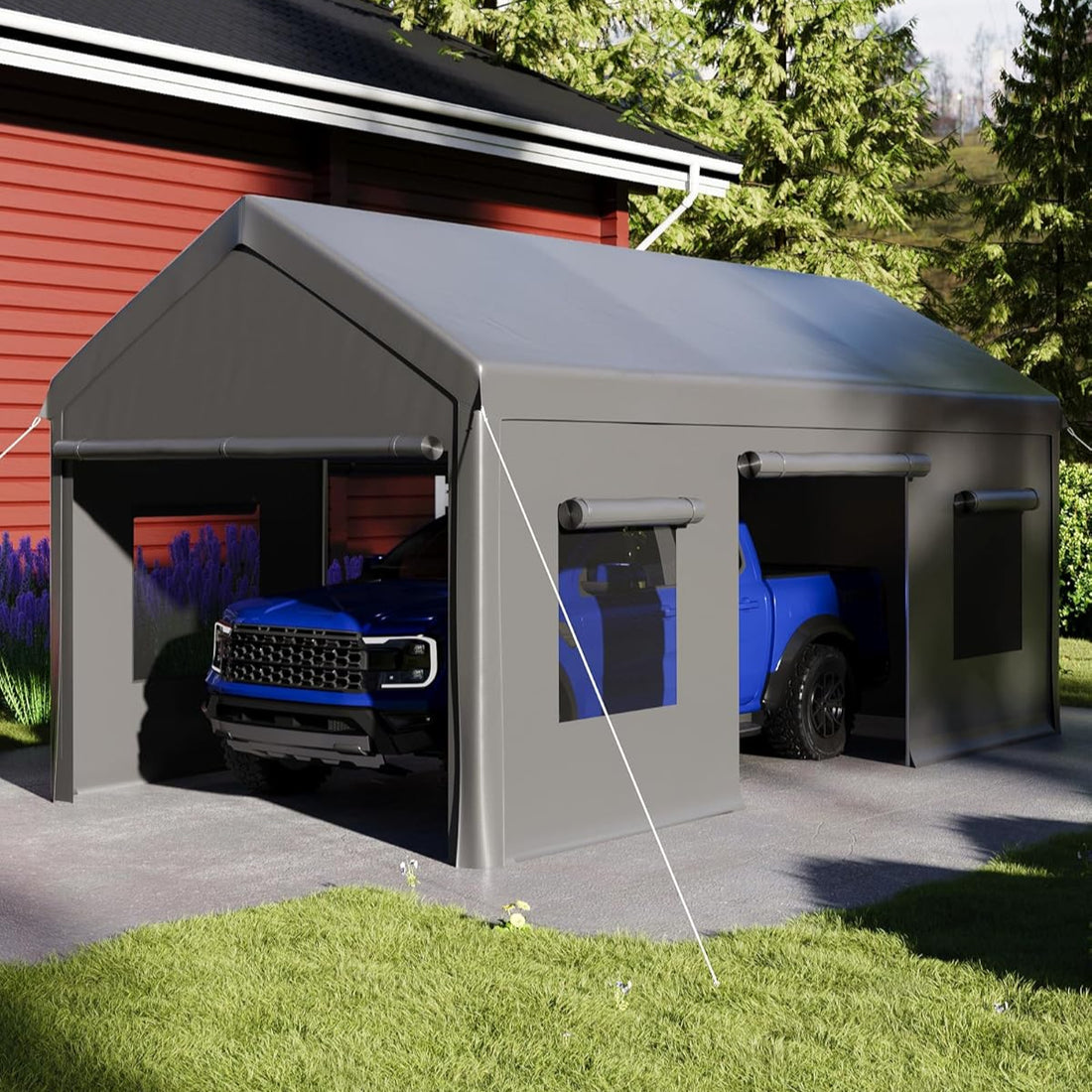 Garvee 10x20ft Portable Garage Carport Heavy Duty Steel Frame Removable Sidewalls Roll-Up Windows 180G PE Tarp Yellow Outdoor Shelter