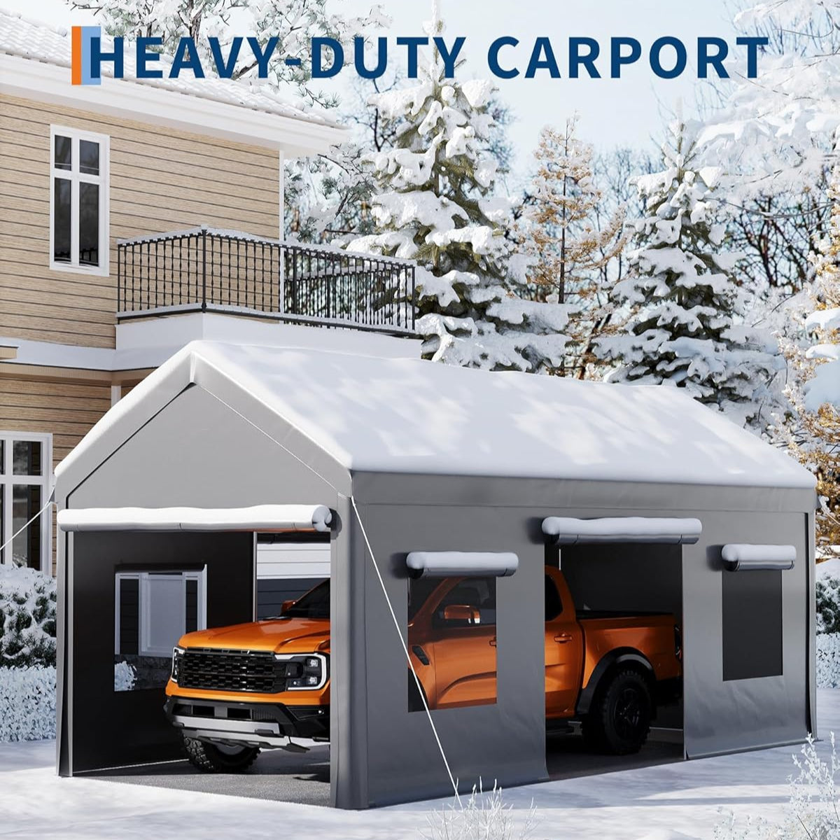 Garvee 10x20ft Portable Garage Carport Heavy Duty Steel Frame Removable Sidewalls Roll-Up Windows 180G PE Tarp Yellow Outdoor Shelter