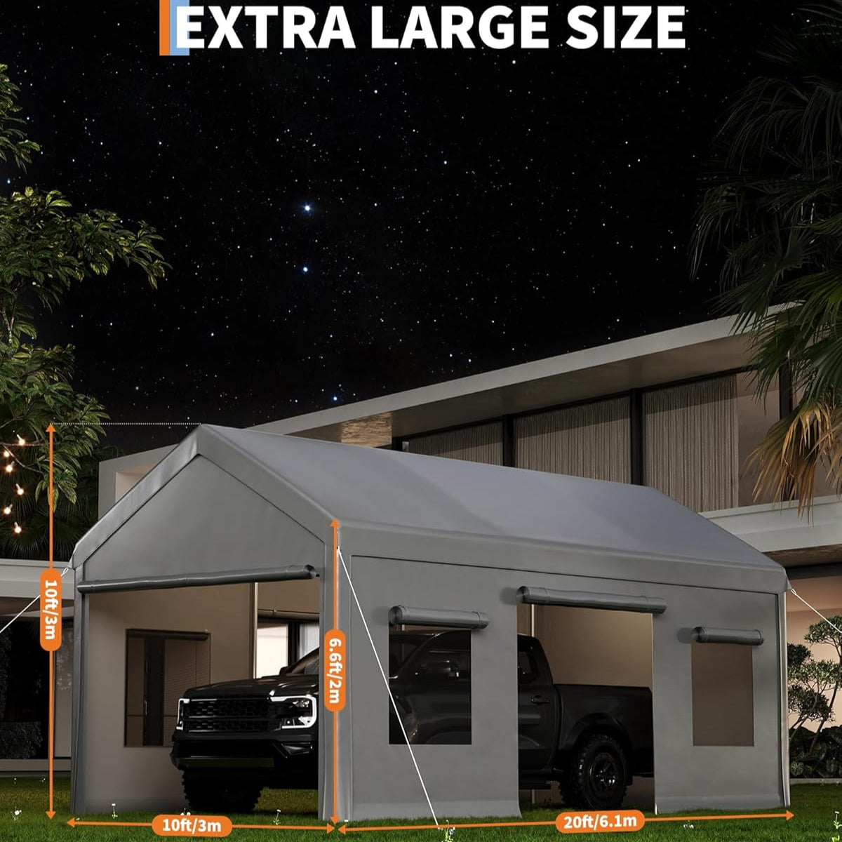 Garvee 10x20ft Portable Garage Carport Heavy Duty Steel Frame Removable Sidewalls Roll-Up Windows 180G PE Tarp Yellow Outdoor Shelter